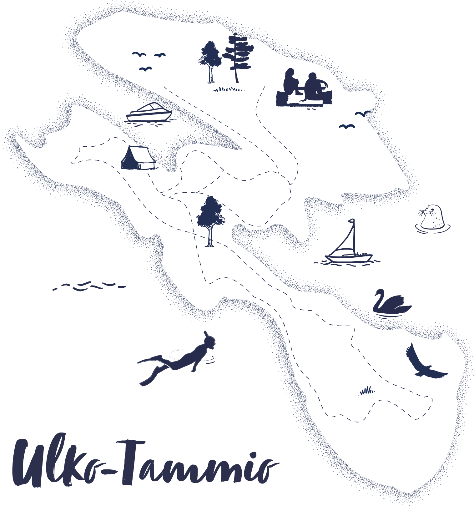 Nature map of Ulko-Tammio, showcasing the miniature representation of the entire Eastern Gulf of Finland National Park with clickable titles for more information on nature experiences.