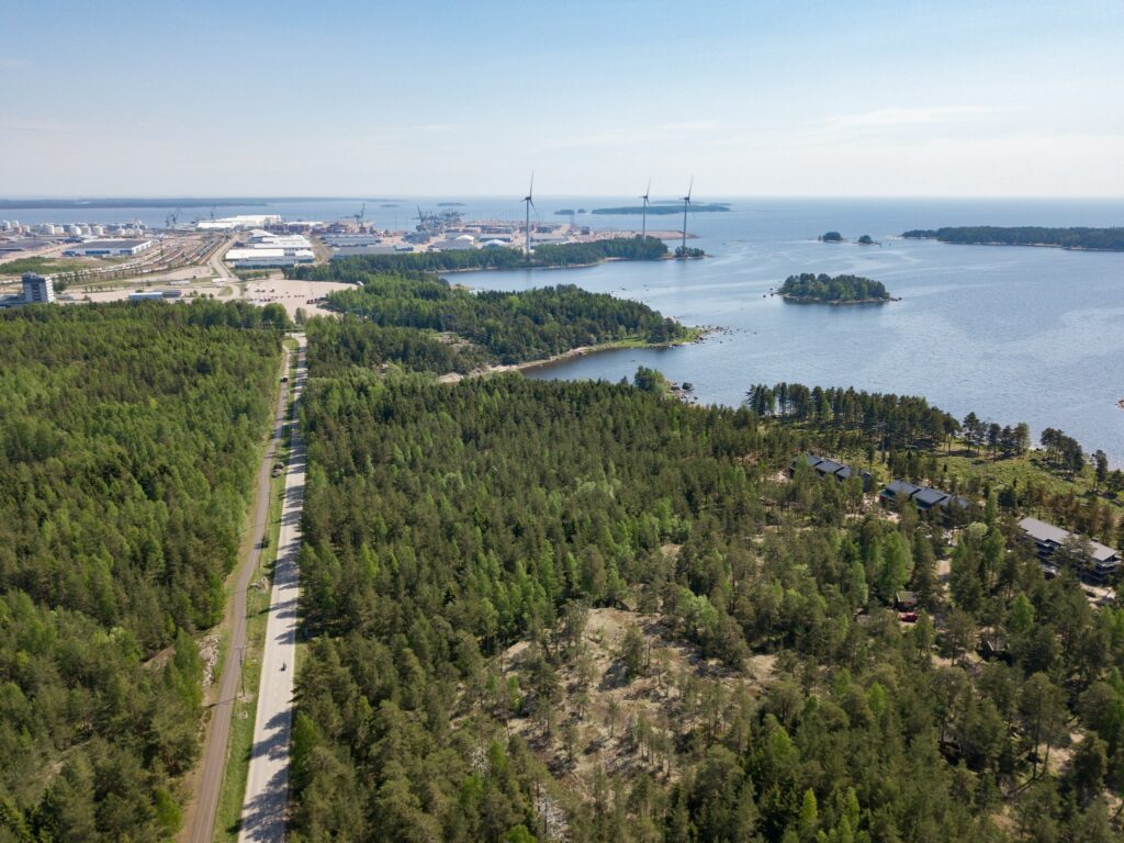 Tuulivoimaloita horisontissa. Etualalla metsämaisemaa, jonka keskellä kulkee tie.